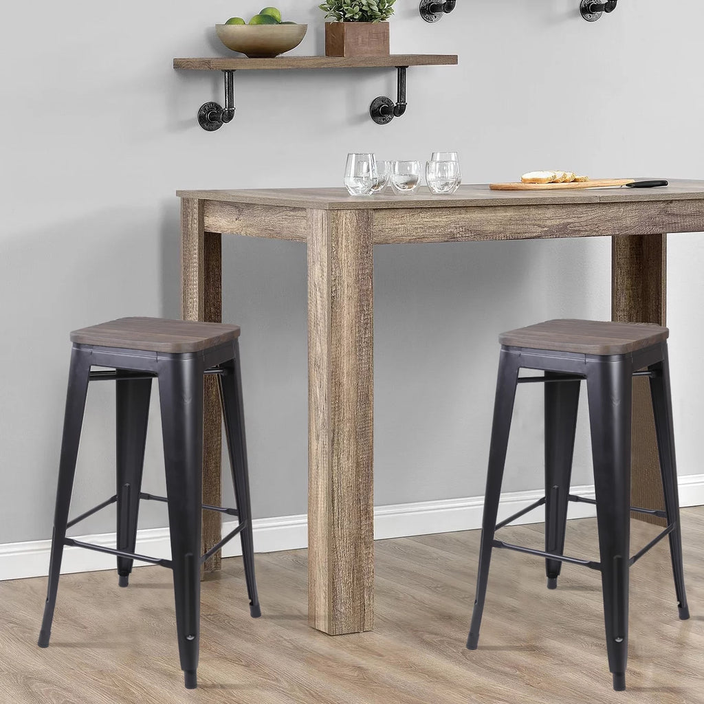 30 Inch Black Backless Metal Barstools with Dark Wood Seat, Set of 2 A5543