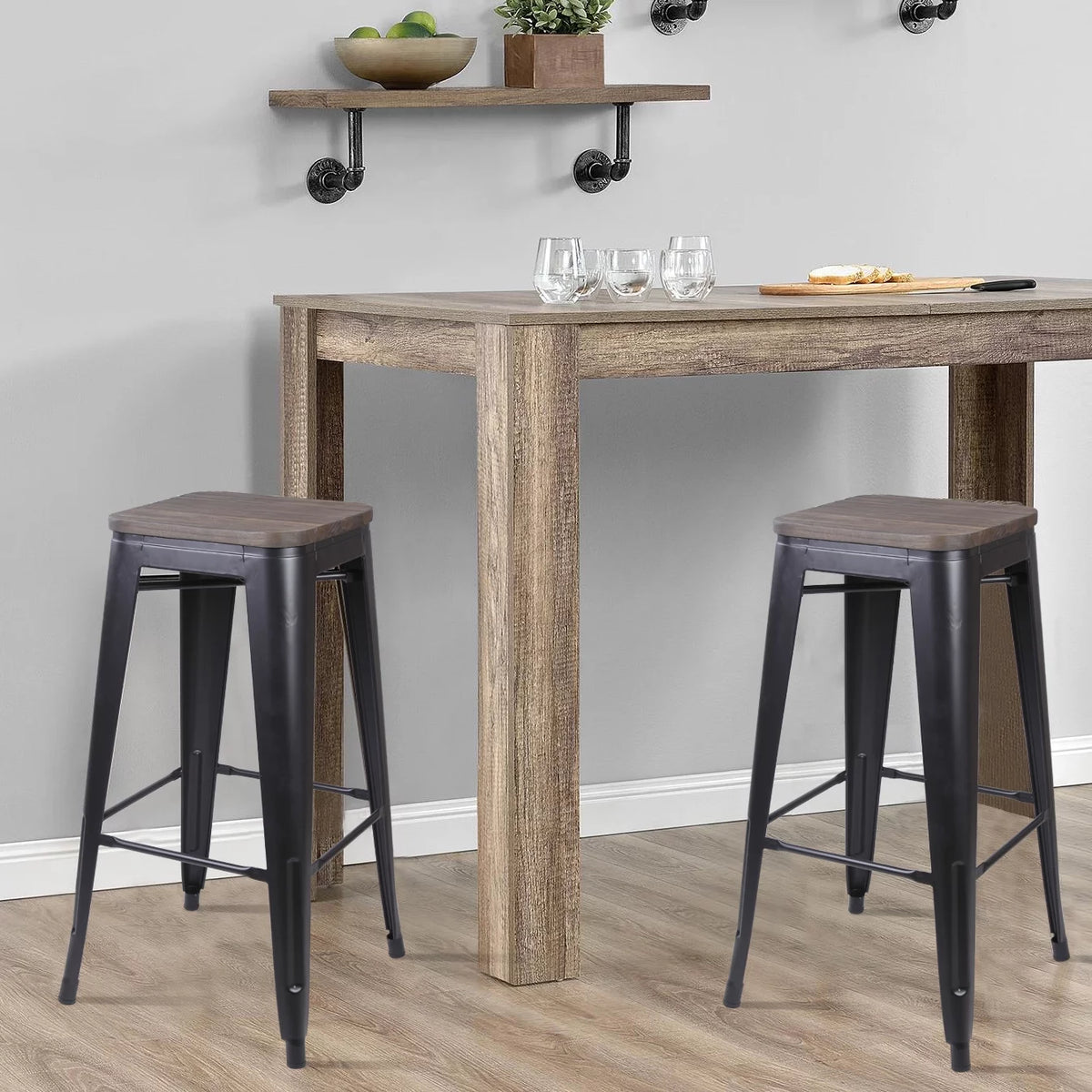 30 Inch Black Backless Metal Barstools with Dark Wood Seat, Set of 2 A5543