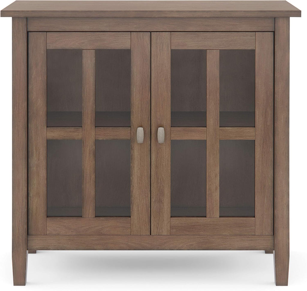 Rustic Natural Aged Brown Solid Wood Low Storage Cabinet with 2 Adjustable Shelves and Tempered Glass Door C63117