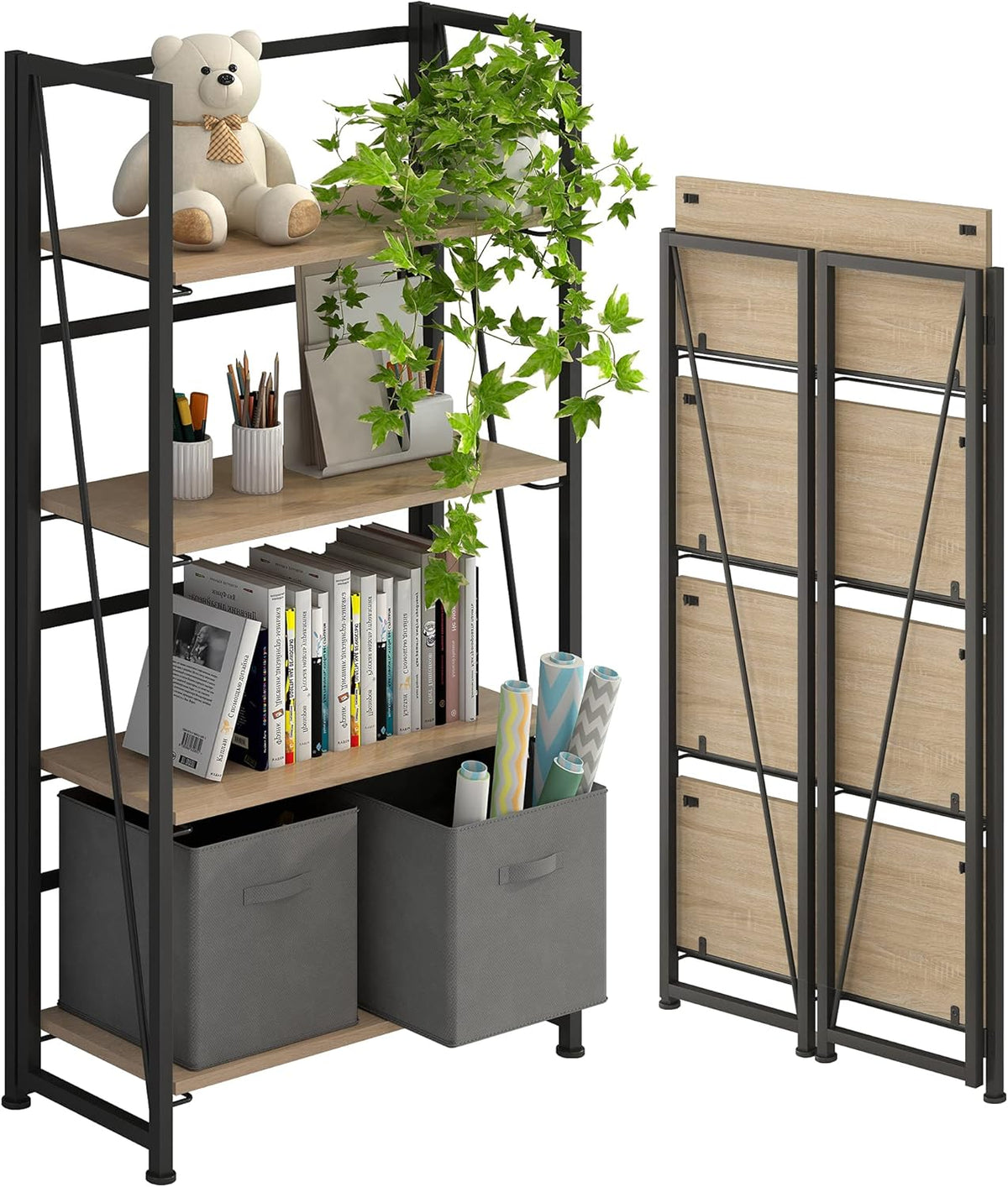 3 Tiers Folding Bookshelf Storage Shelves Bookcase M91012