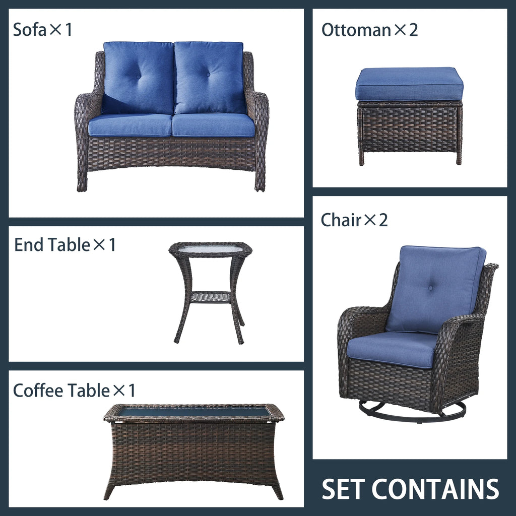 Blue 7Pcs Outdoor Rattan Patio Furniture Set with Cushion C160390