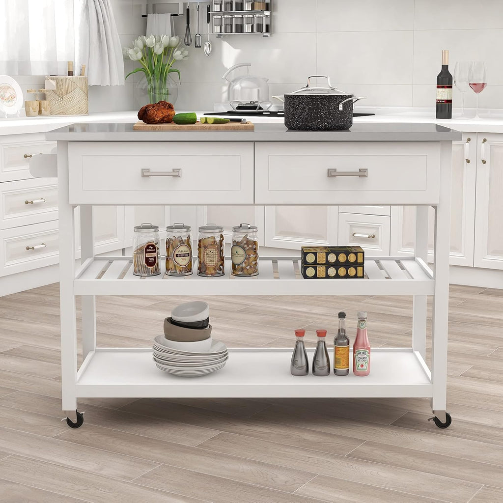 White Stainless Steel Top Kitchen Island on Wheels with 2 Drawers and Storage Shelves S1737