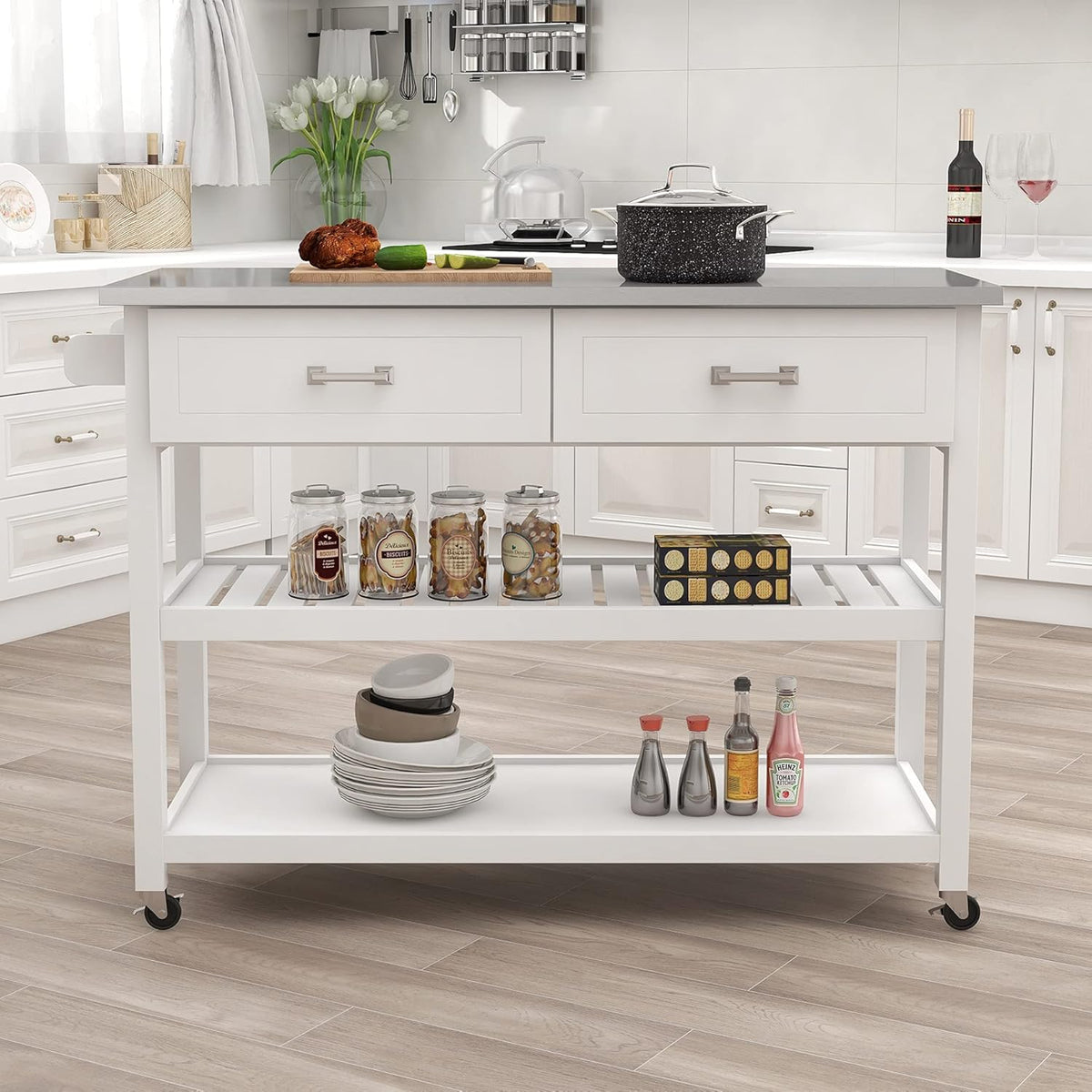 White Stainless Steel Top Kitchen Island on Wheels with 2 Drawers and Storage Shelves S1737
