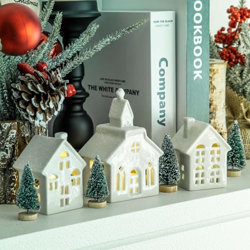 7PCS Christmas Village Sets - 3 LED Lighted Ceramic White Christmas Village Houses with Remote & 4 Trees P208