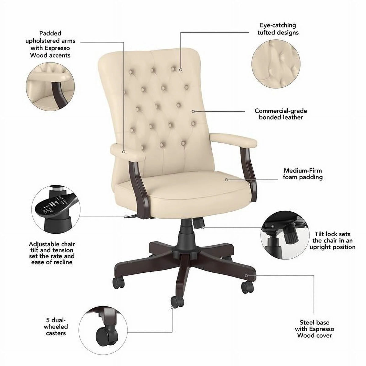 Antique White Faux Leather Office Chair with Arms U4492