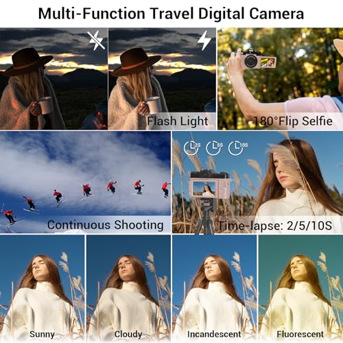 56MP 16X Digital Zoom WiFi 3'' 180° Flip Screen Compact Camera with 2 Batteries 64GB Micro SD Card (Black) J488855