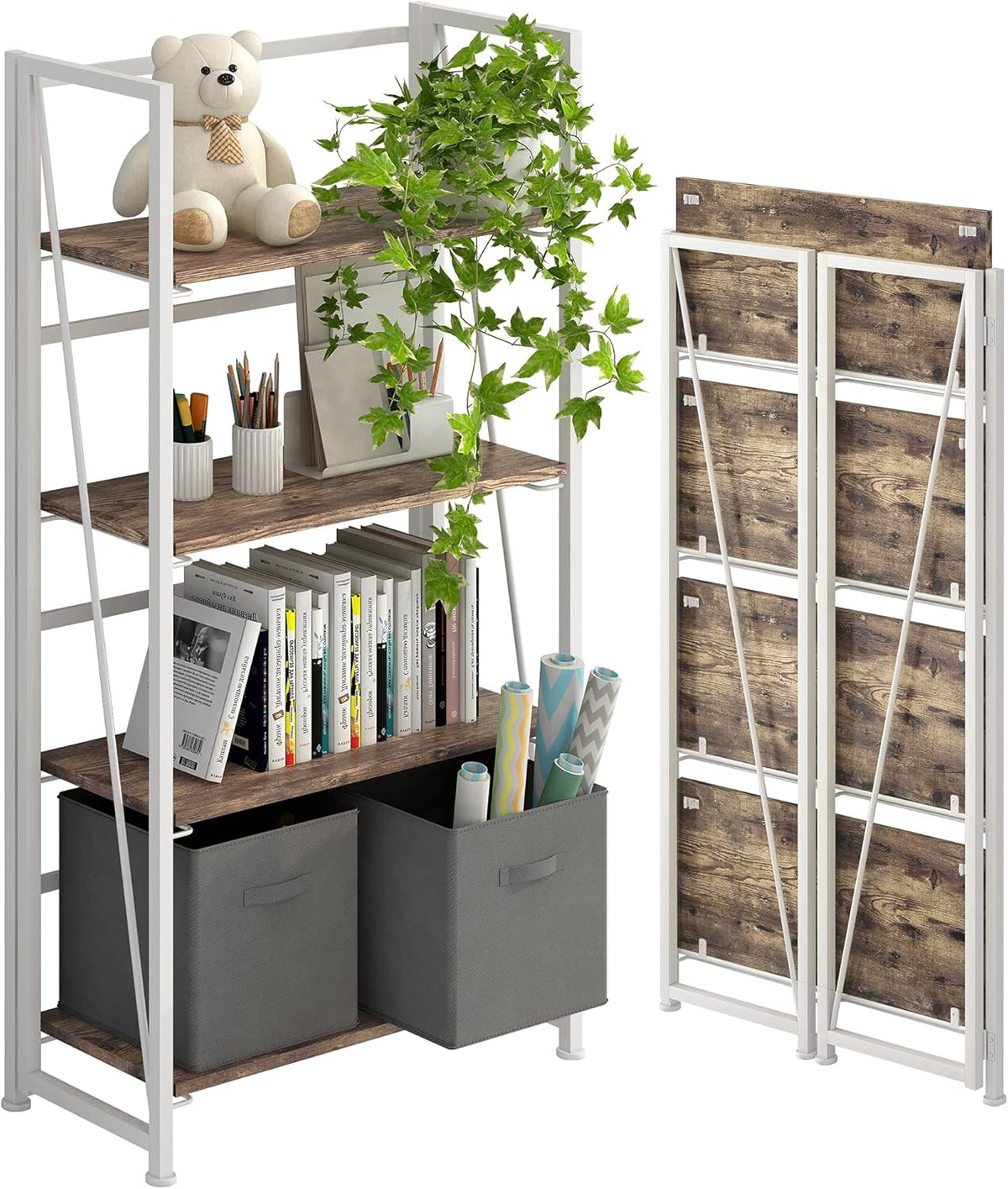 3 Tiers Folding Bookshelf Storage Shelves Bookcase M91012