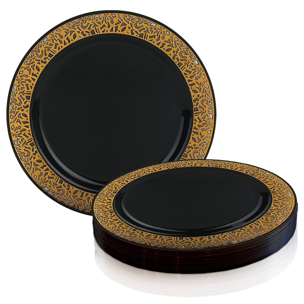 Black with Gold Rim Disposable Plastic Salad Plates 120pcs Z85069