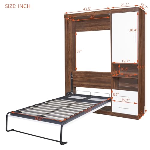 Twin Size Wood Murphy Bed with Wardrobe and Drawers S334390