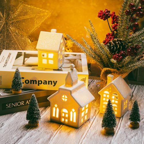 7PCS Christmas Village Sets - 3 LED Lighted Ceramic White Christmas Village Houses with Remote & 4 Trees P208