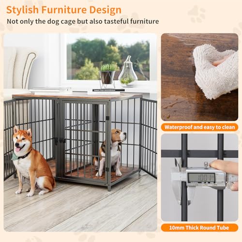 84inch Wooden Dog Crate with Three Doors and Removable Tray Rustic Brown V485602