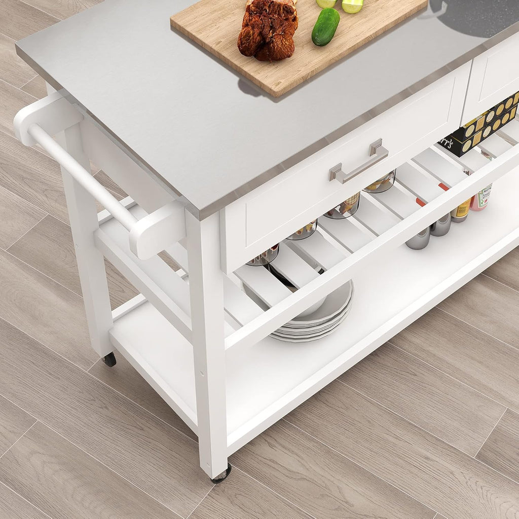 White Stainless Steel Top Kitchen Island on Wheels with 2 Drawers and Storage Shelves S1737