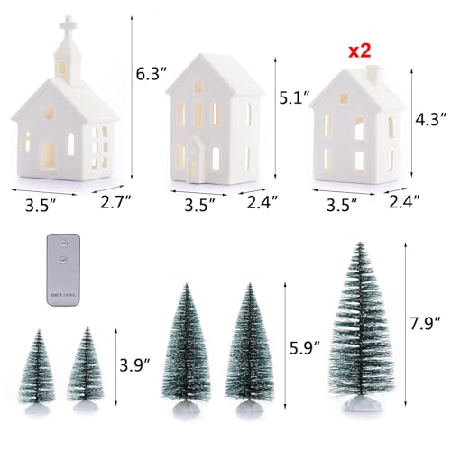 7PCS Christmas Village Sets - 3 LED Lighted Ceramic White Christmas Village Houses with Remote & 4 Trees P208