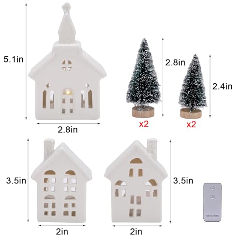 7PCS Christmas Village Sets - 3 LED Lighted Ceramic White Christmas Village Houses with Remote & 4 Trees P208