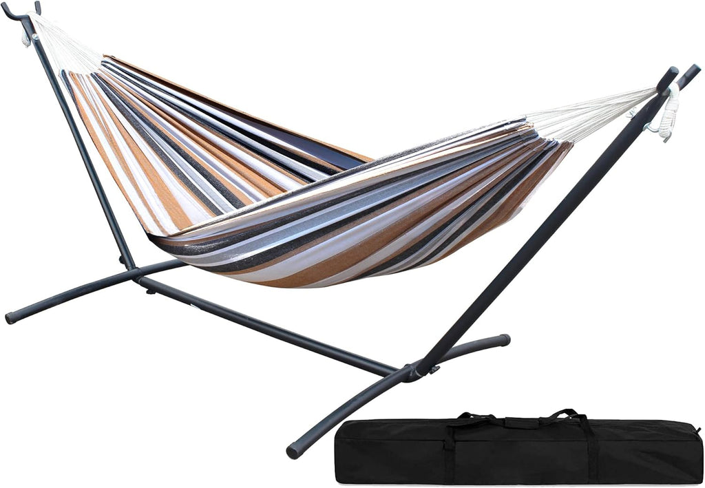 Double Hammock with Steel Stand 2 Person Heavy Duty 450lb Capacity Beige Pack of 2 H8340