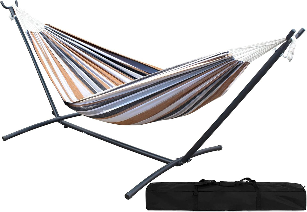 Double Hammock with Steel Stand 2 Person Heavy Duty 450lb Capacity Beige Pack of 2 H8340