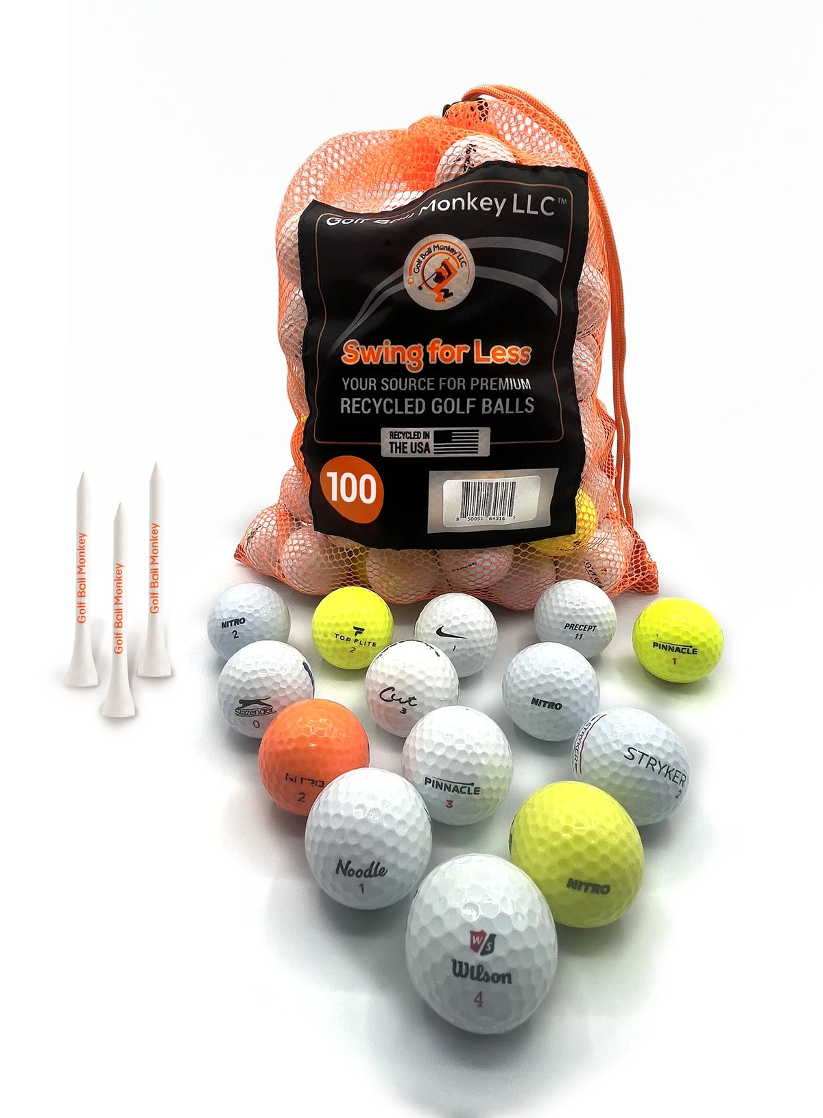 100 Pack Recycled Golf Balls with 15 Tees and Mesh Carrying Bag F297098