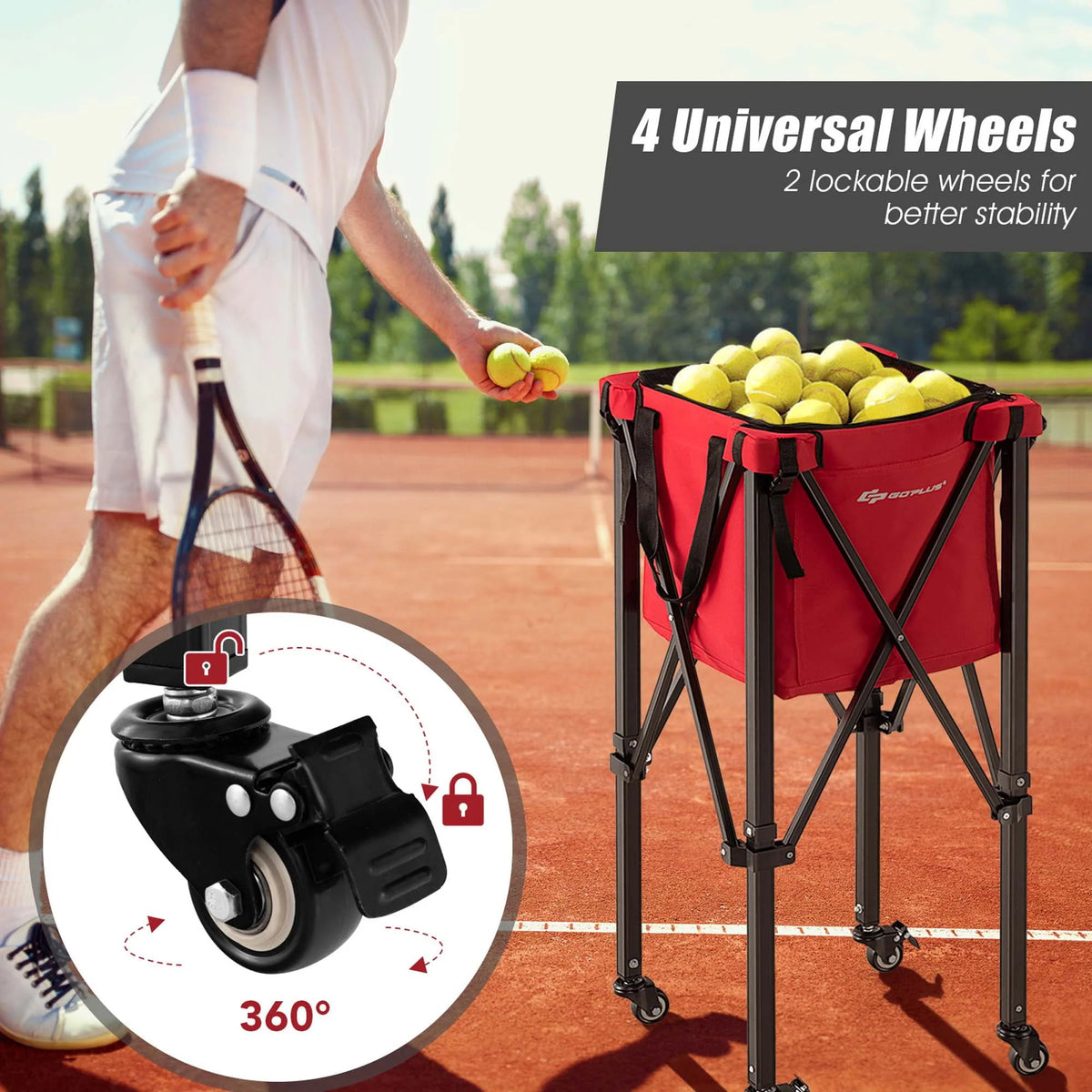 Foldable Tennis Ball Hopper Basket with Wheels & Bag Blue C56896