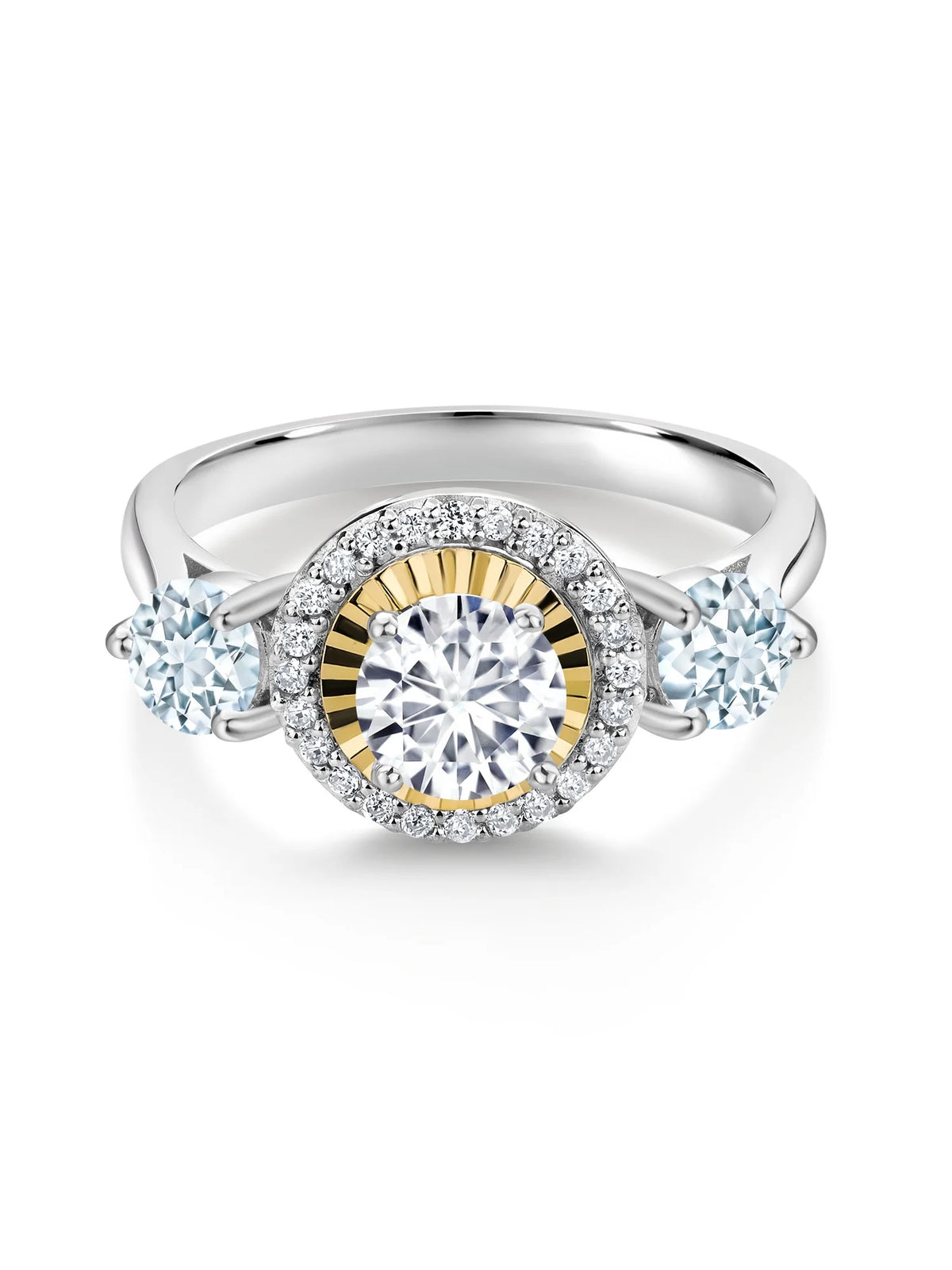 1.12 Ct Lab Grown Diamond Aquamarine 925 Silver 10K Yellow Gold 3 Stone Engagement Ring B362215