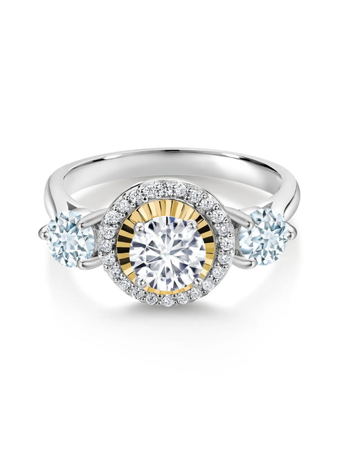 1.12 Ct Lab Grown Diamond Aquamarine 925 Silver 10K Yellow Gold 3 Stone Engagement Ring B362215