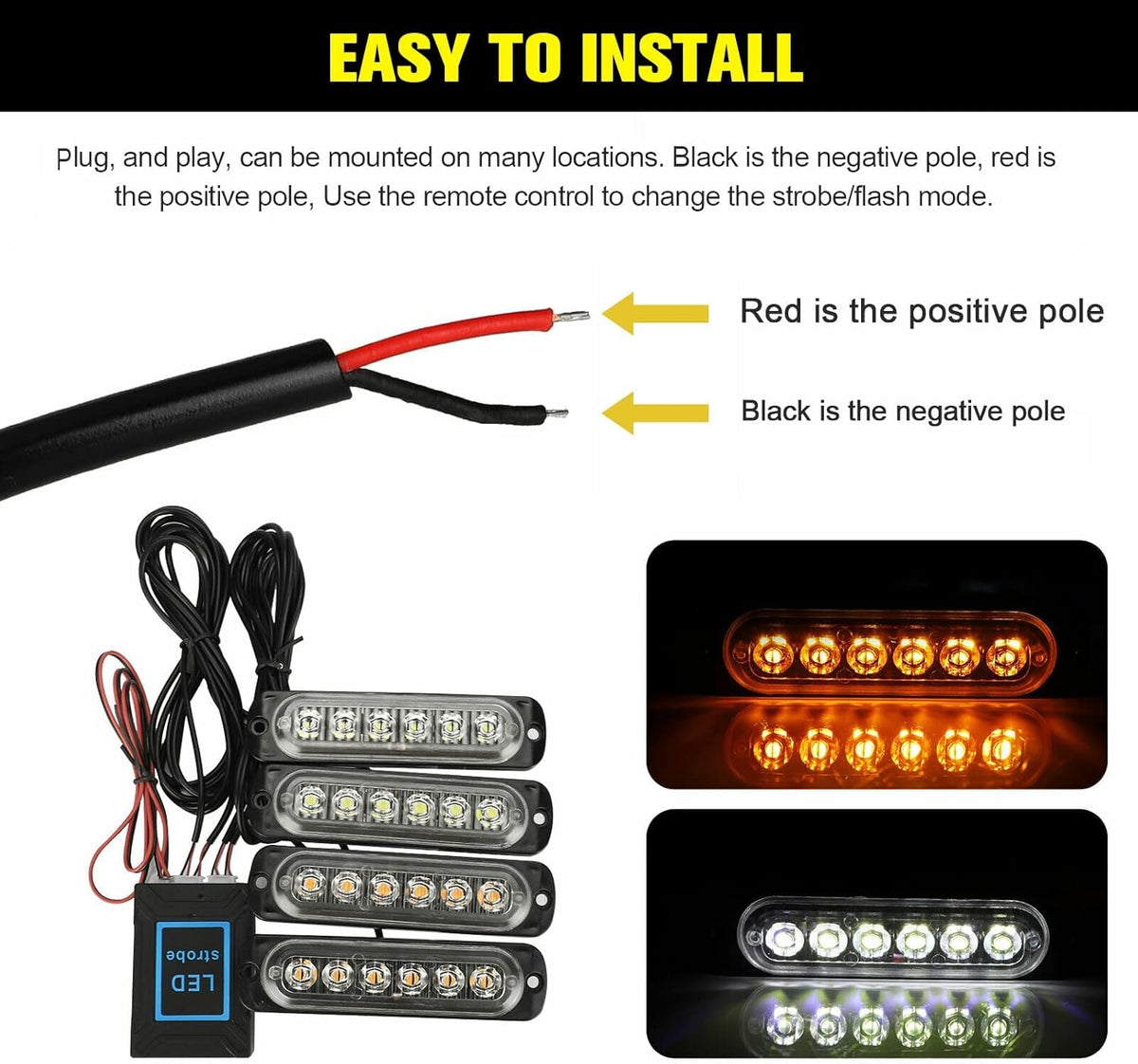 16Pcs LED Emergency Strobe Lights with Control Switch, Amber White, Pack of 2 I7577