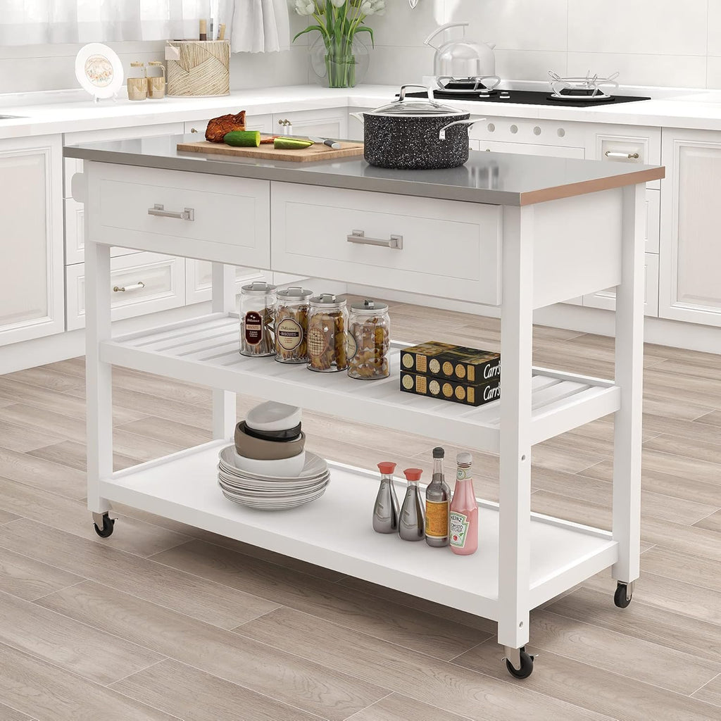 White Stainless Steel Top Kitchen Island on Wheels with 2 Drawers and Storage Shelves S1737