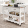 White Stainless Steel Top Kitchen Island on Wheels with 2 Drawers and Storage Shelves S1737