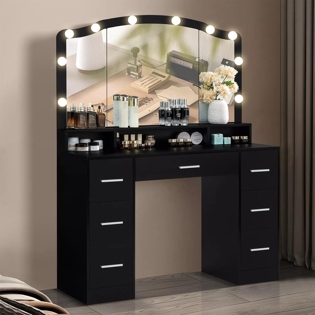 Black 43.3 inches Vanity Desk with Lighted Mirror 7 Drawers G50325