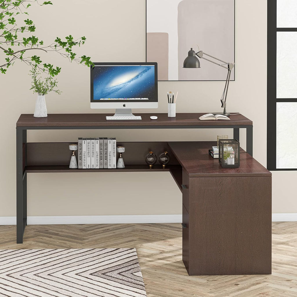 Cherry L-Shaped Computer Desk with Bookshelf and File Cabinet A944