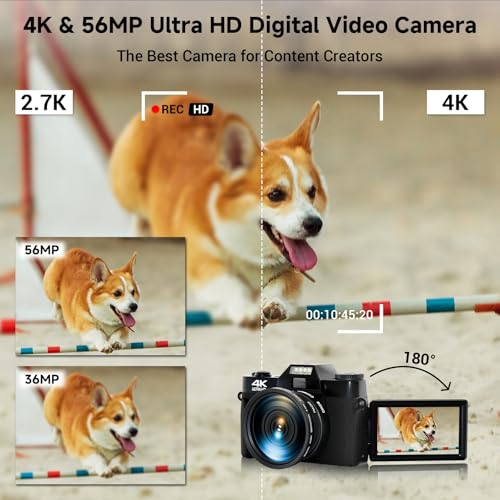 56MP 16X Digital Zoom WiFi 3'' 180° Flip Screen Compact Camera with 2 Batteries 64GB Micro SD Card (Black) J488855