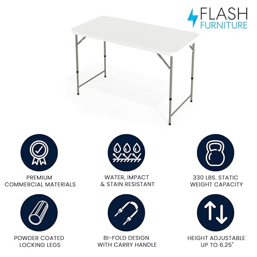 4' White Plastic Folding Table with Adjustable Legs C617517