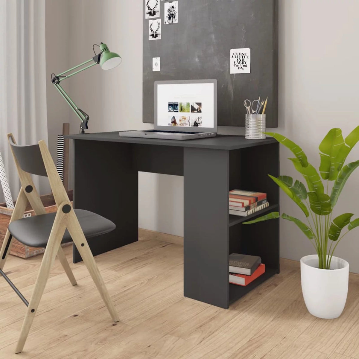 Gray Engineered Wood Computer Desk with Storage Shelves K484