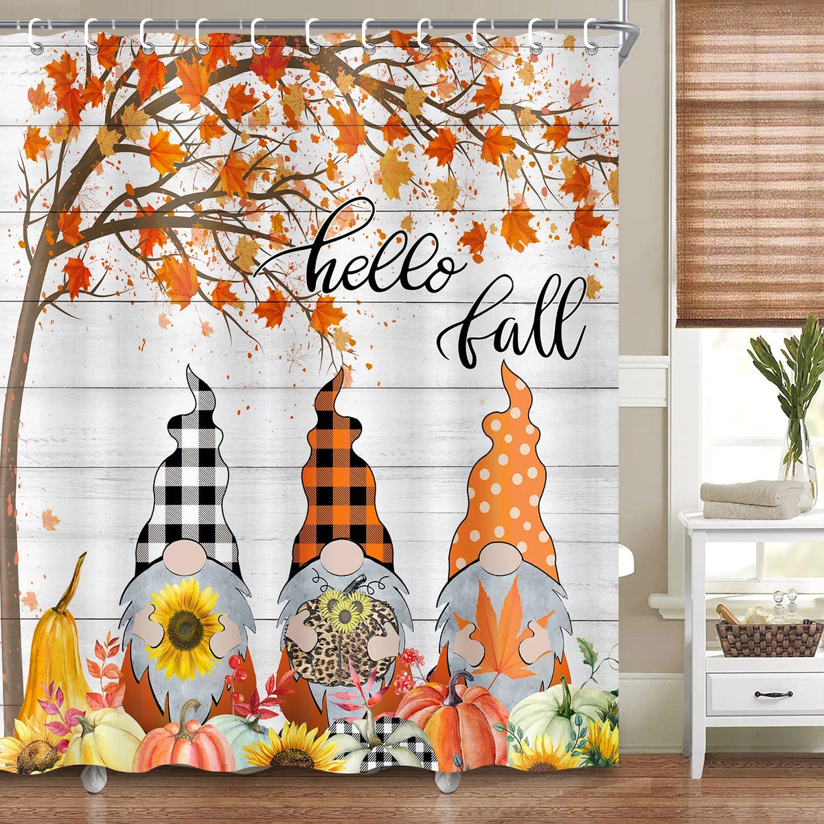 Fall Gnome with Pumpkin Shower Curtain, 72"x72"inch, Durable Fabric with 12 Hooks Q354759