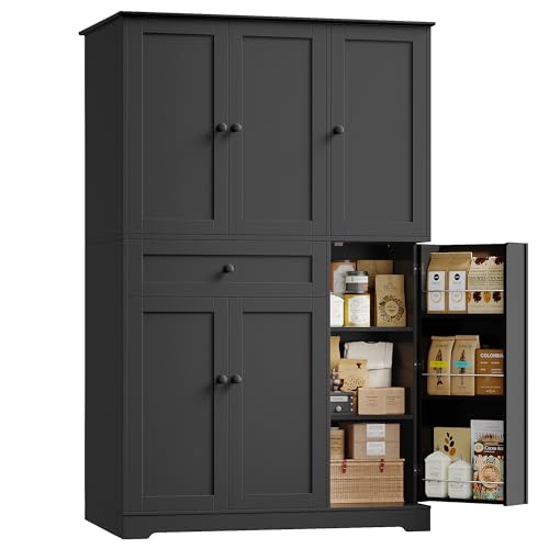 White Tall Kitchen Pantry Storage Cabinet with Doors and Shelves and Drawer C801326