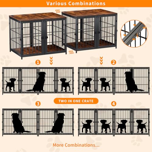 84inch Wooden Dog Crate with Three Doors and Removable Tray Rustic Brown V485602