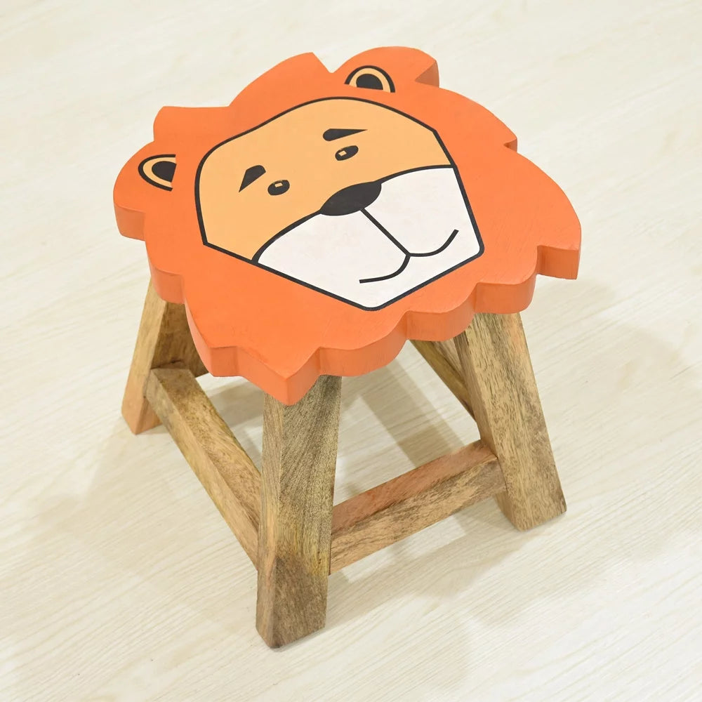 Handmade Mango Wood Orange Lion Shaped Stool N257307