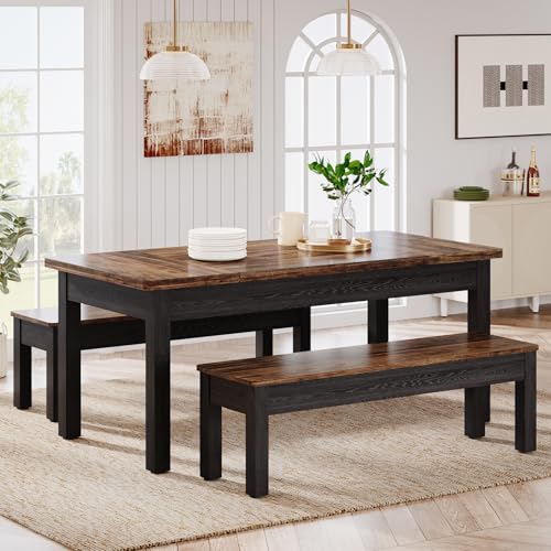 Farmhouse 55-Inch Wooden Dining Table Set with 2 Benches W6673