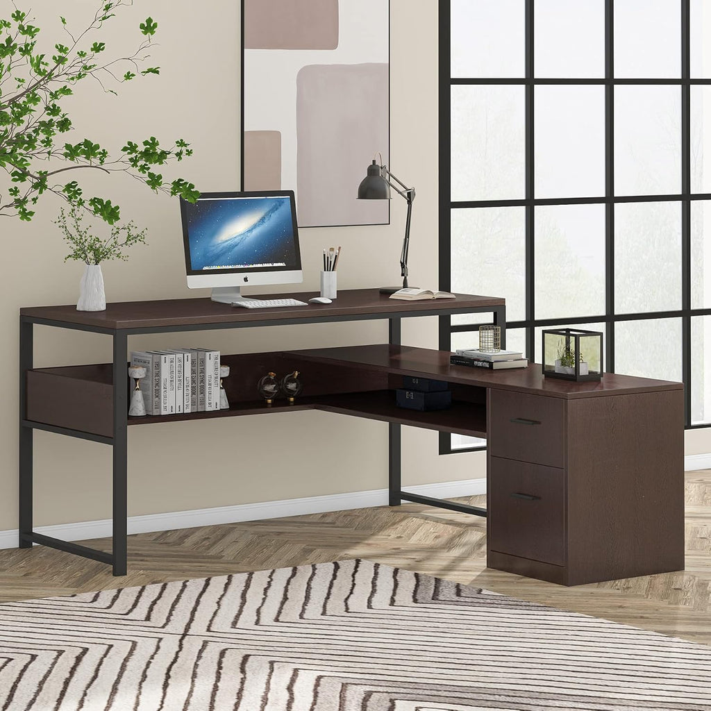 Cherry L-Shaped Computer Desk with Bookshelf and File Cabinet A944