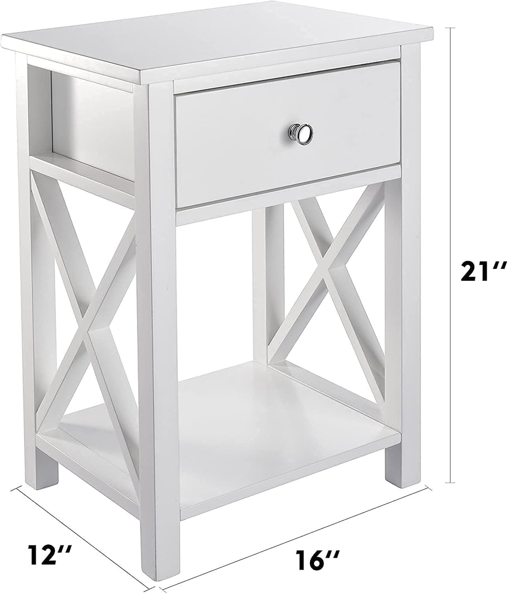 White Wooden Side End Table with Bin Drawer Set of 2 R304