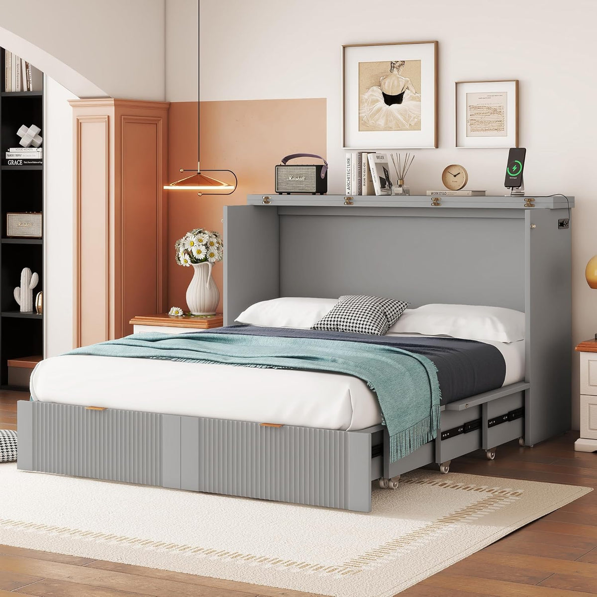 Gray Full Size Murphy Bed with Storage Drawers X58697