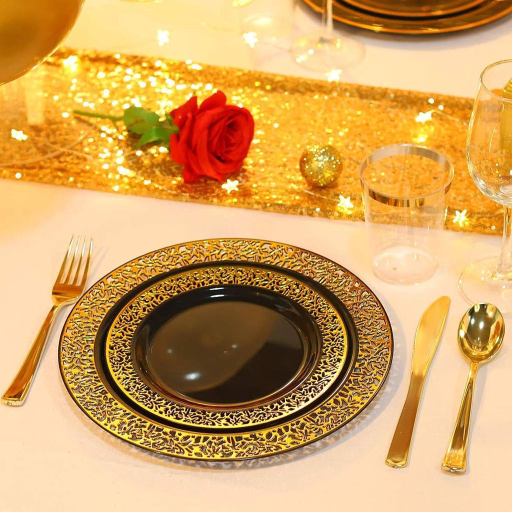 Black with Gold Rim Disposable Plastic Salad Plates 120pcs Z85069