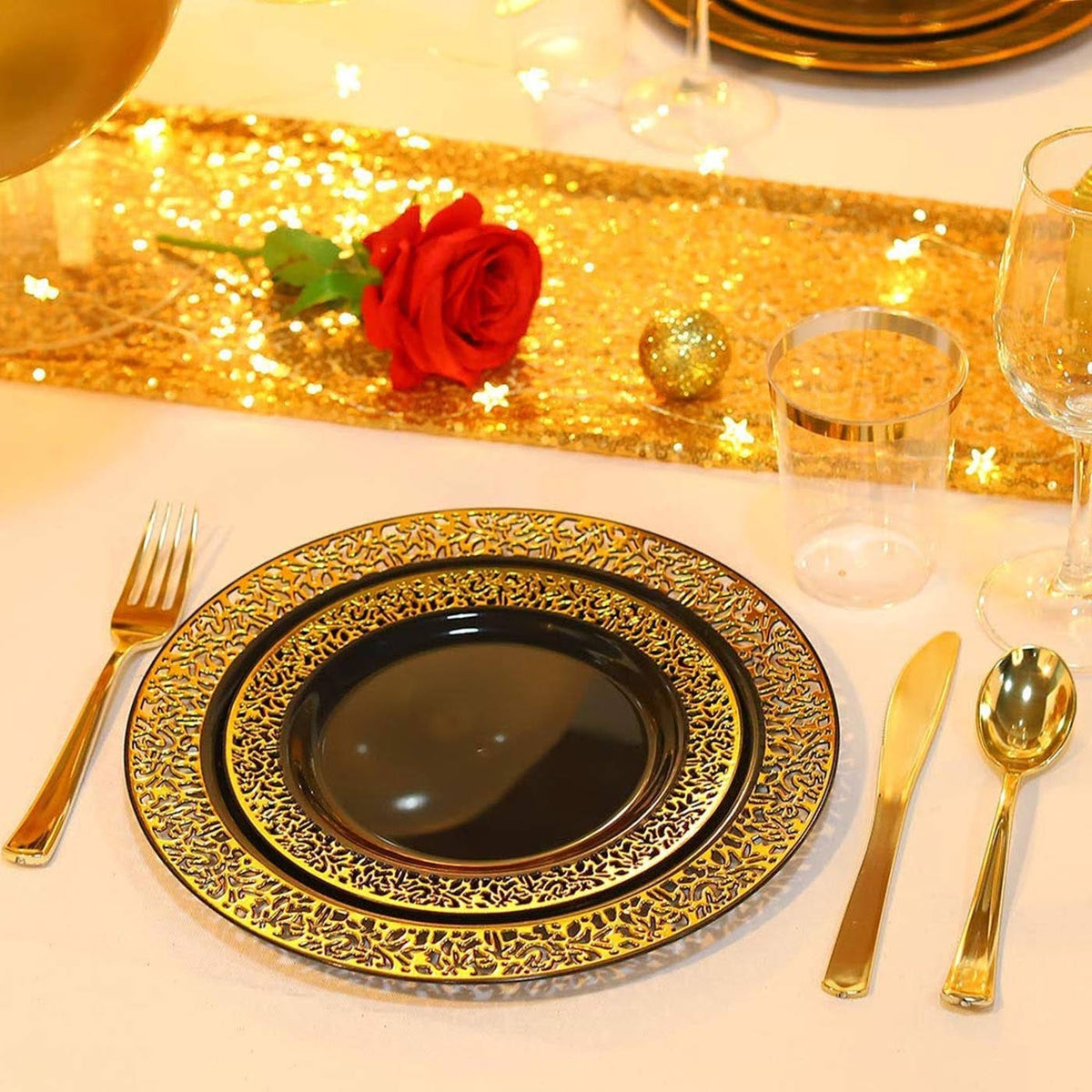 Black with Gold Rim Disposable Plastic Salad Plates 120pcs Z85069