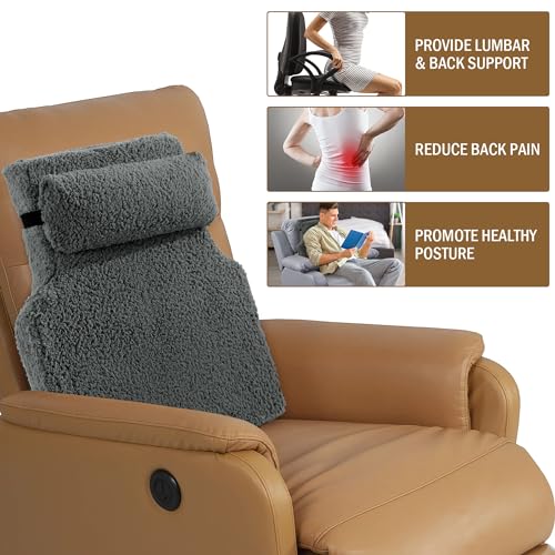 Sherpa Fleece Lumbar Support Pillow with Headrest Memory Foam Recliner Chair Cushion (Grey) T4119