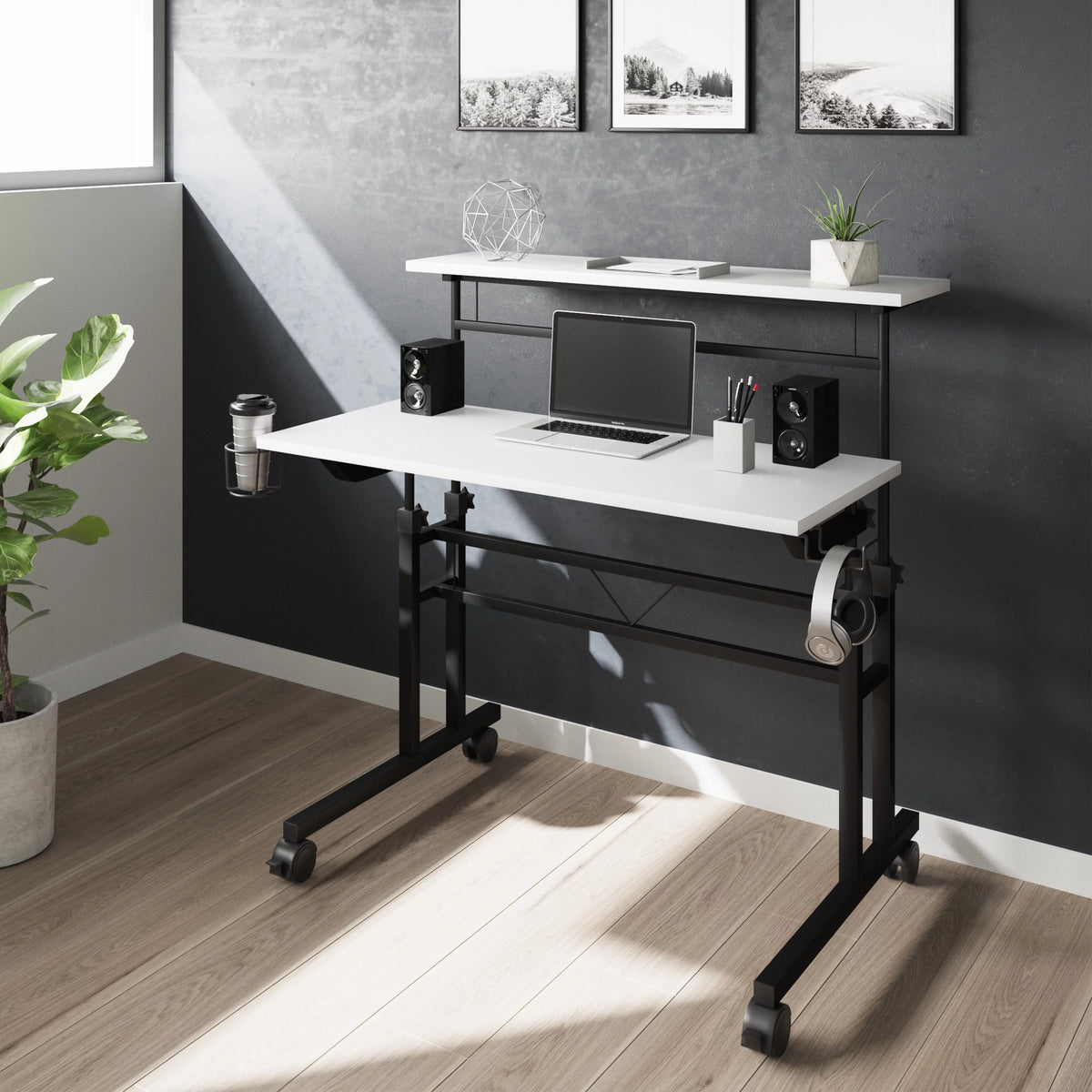 White Height Adjustable Rolling Writing Desk with Moveable Shelf F474