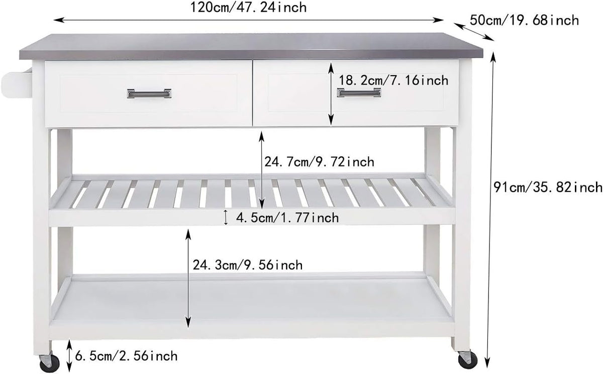 White Stainless Steel Top Kitchen Island on Wheels with 2 Drawers and Storage Shelves S1737