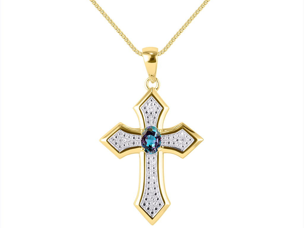 Yellow Gold Plated Silver 925 Cross Necklace with Genuine Diamonds Pendant, 18" Chain C215164