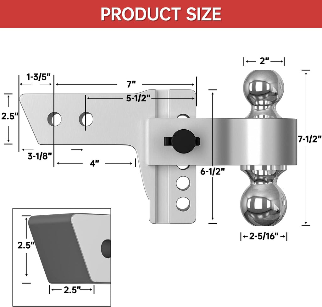 Adjustable Trailer Hitch Ball Mount, 4 Inch Drop, 2.5 Inch Receiver, 18,500 LBS GTW, Forged Aluminum Shank, Dual Balls J137