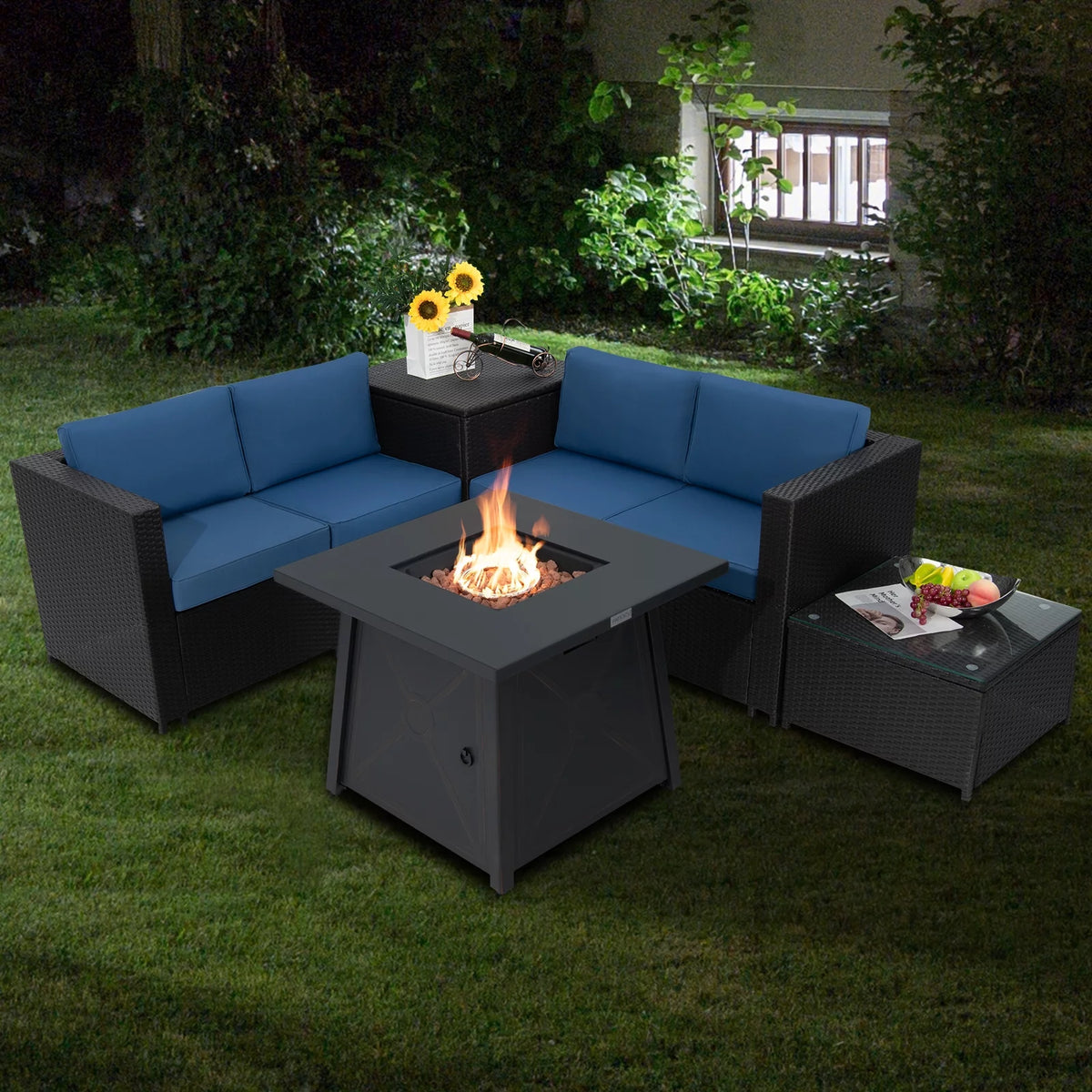 5-Piece PE Wicker Patio Furniture Set with Fire Pit Table G342049