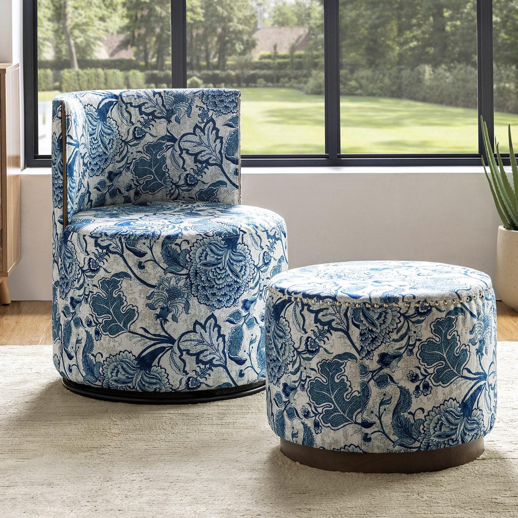 Navy Swivel Barrel Chair with Coffee Table Ottoman O9697