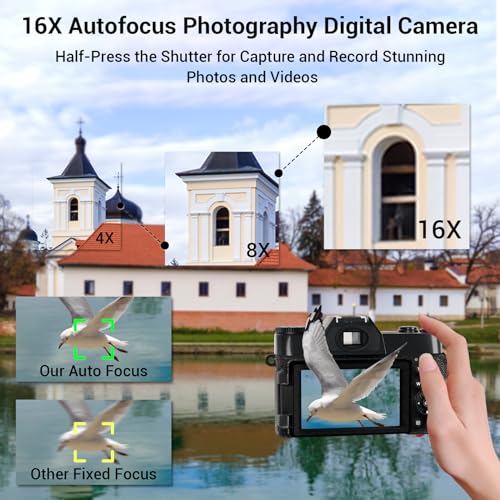 56MP 16X Digital Zoom WiFi 3'' 180° Flip Screen Compact Camera with 2 Batteries 64GB Micro SD Card (Black) J488855